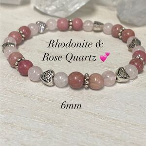 6 mm Rhodonite, Rose Quartz & Hearts Gemstone Bracelet